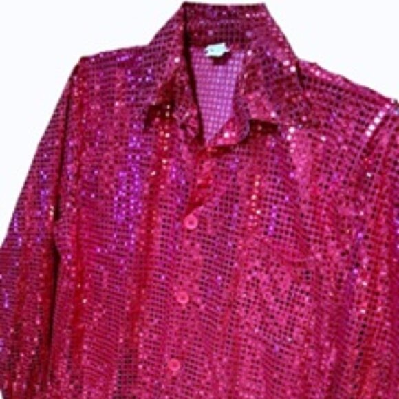 Mens Flashy Fuchsia Sequin Dot 70s Style Disco Shirt M/L - Picture 1 of 3